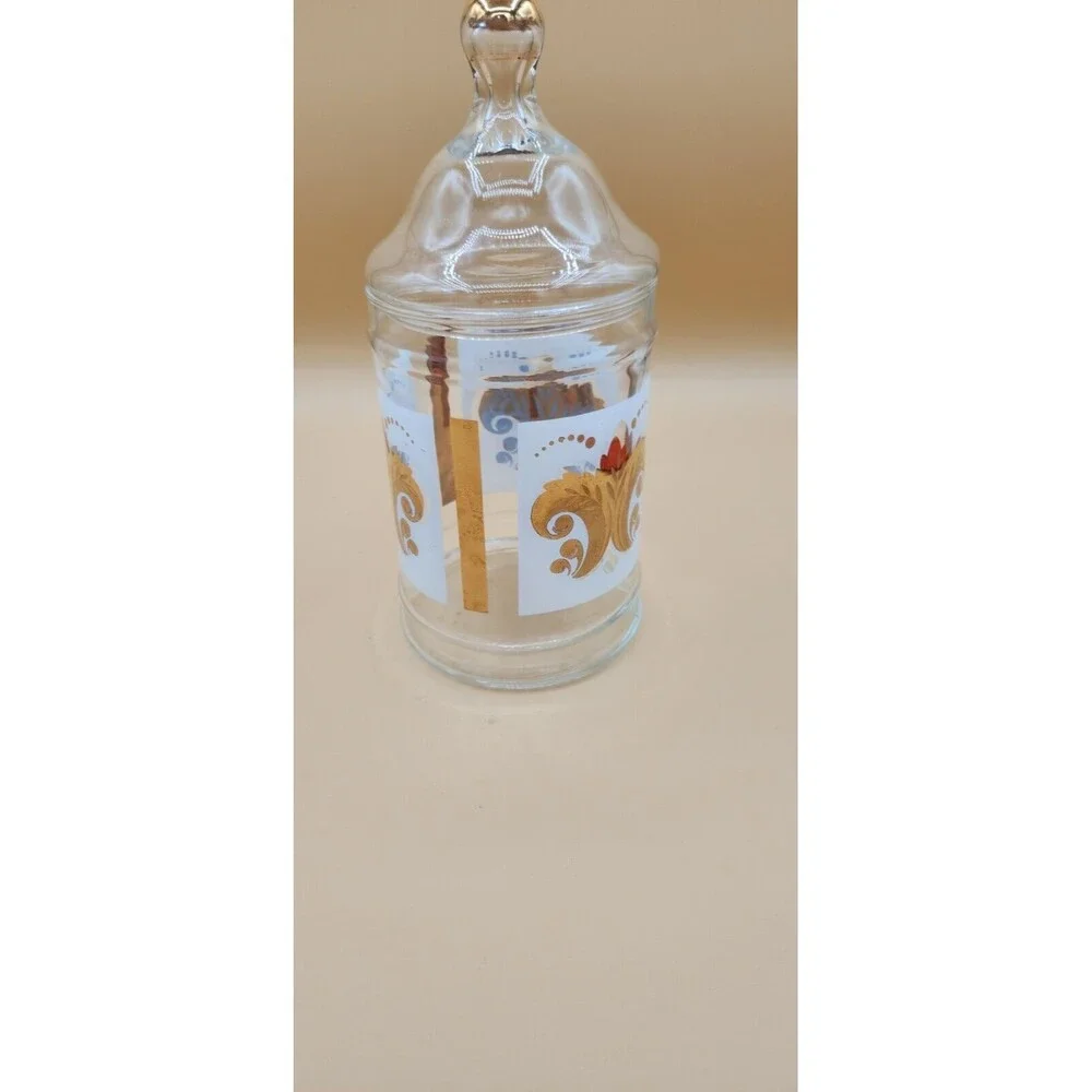 Libbey Mid Century Apothecary Glass Jar Gold Metallic Wheat Stalks